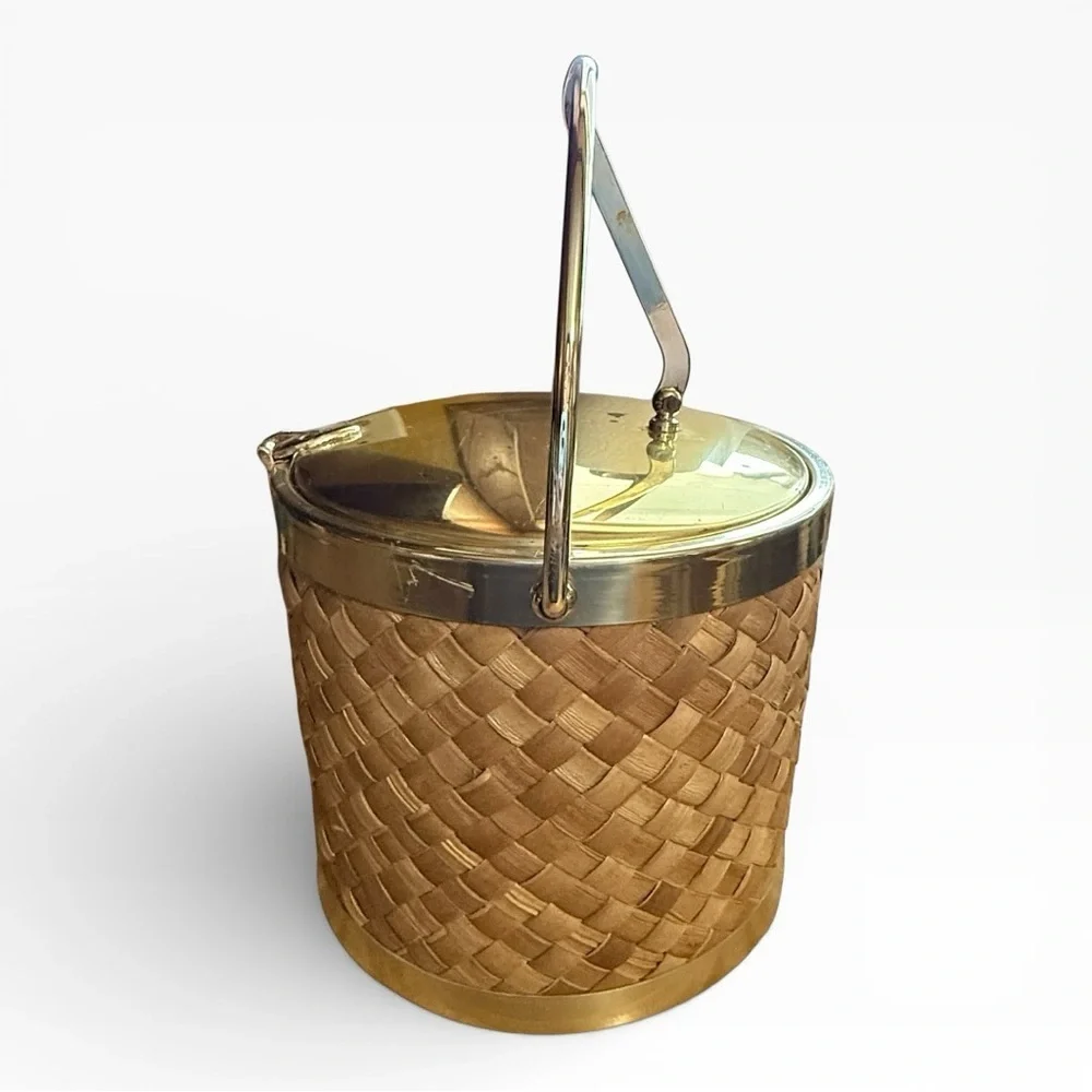 Mid Century Raffia and Gold Ice Bucket by Kraftware Co. NYC